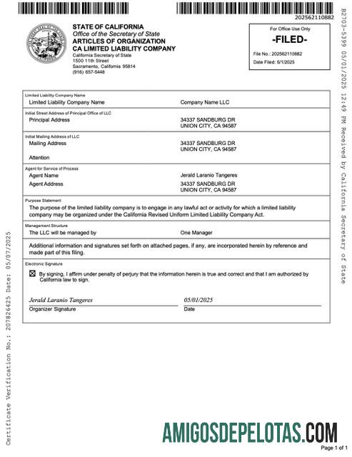 Artigos de organização da organização de responsabilidade limitada dos EUA, Califórnia, modelo Word e PDF para download