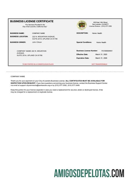 Certificado de licença comercial realista dos EUA Califórnia modelo Word e PDF