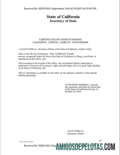 Certificado realista de boa situação dos EUA, Califórnia, modelo Word e PDF