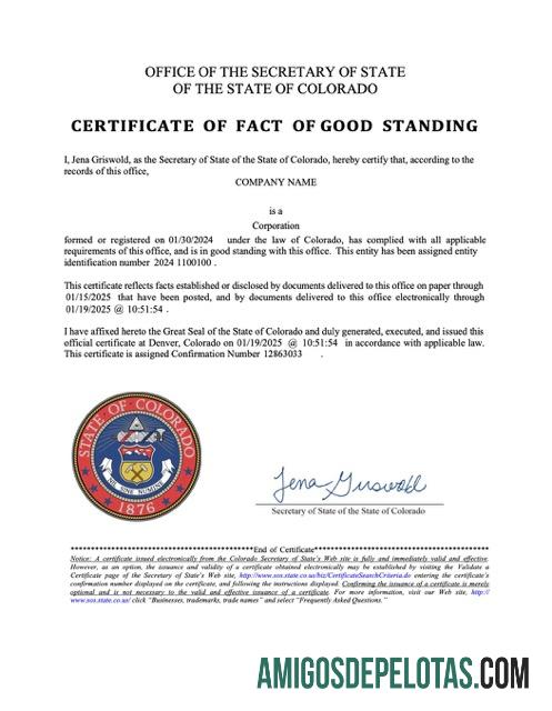 Certificado de fato de regularidade em branco dos EUA Colorado modelo Word e PDF