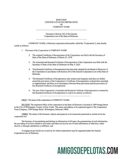 Certificado de Incorporação dos EUA Delaware para impressão, modelo Word e PDF, Versão 3