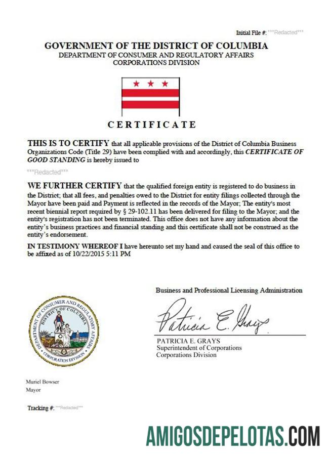 Certificado de boa reputação do Distrito de Columbia dos EUA amostra