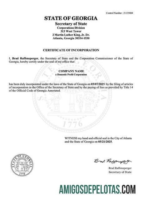 Certificado de incorporação dos EUA e Geórgia para impressão, modelo Word e PDF