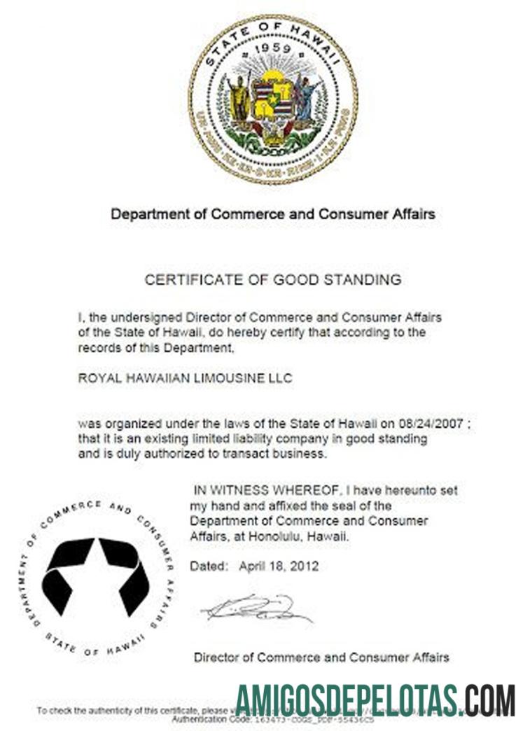 Exemplo de Certificado de Regularidade dos EUA Havaí