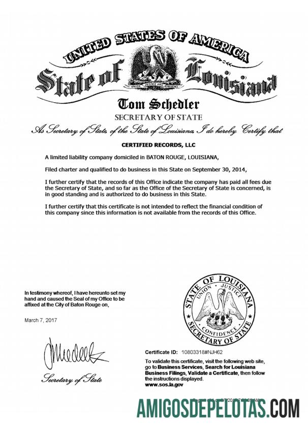 Modelo de certificado de regularidade dos EUA Louisiana
