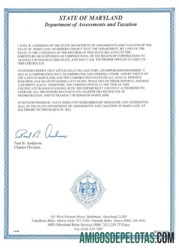 Exemplo de Certificado de Regularidade dos EUA em Maryland