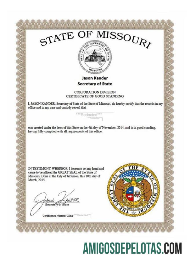 Exemplo de Certificado de Regularidade dos EUA Missouri