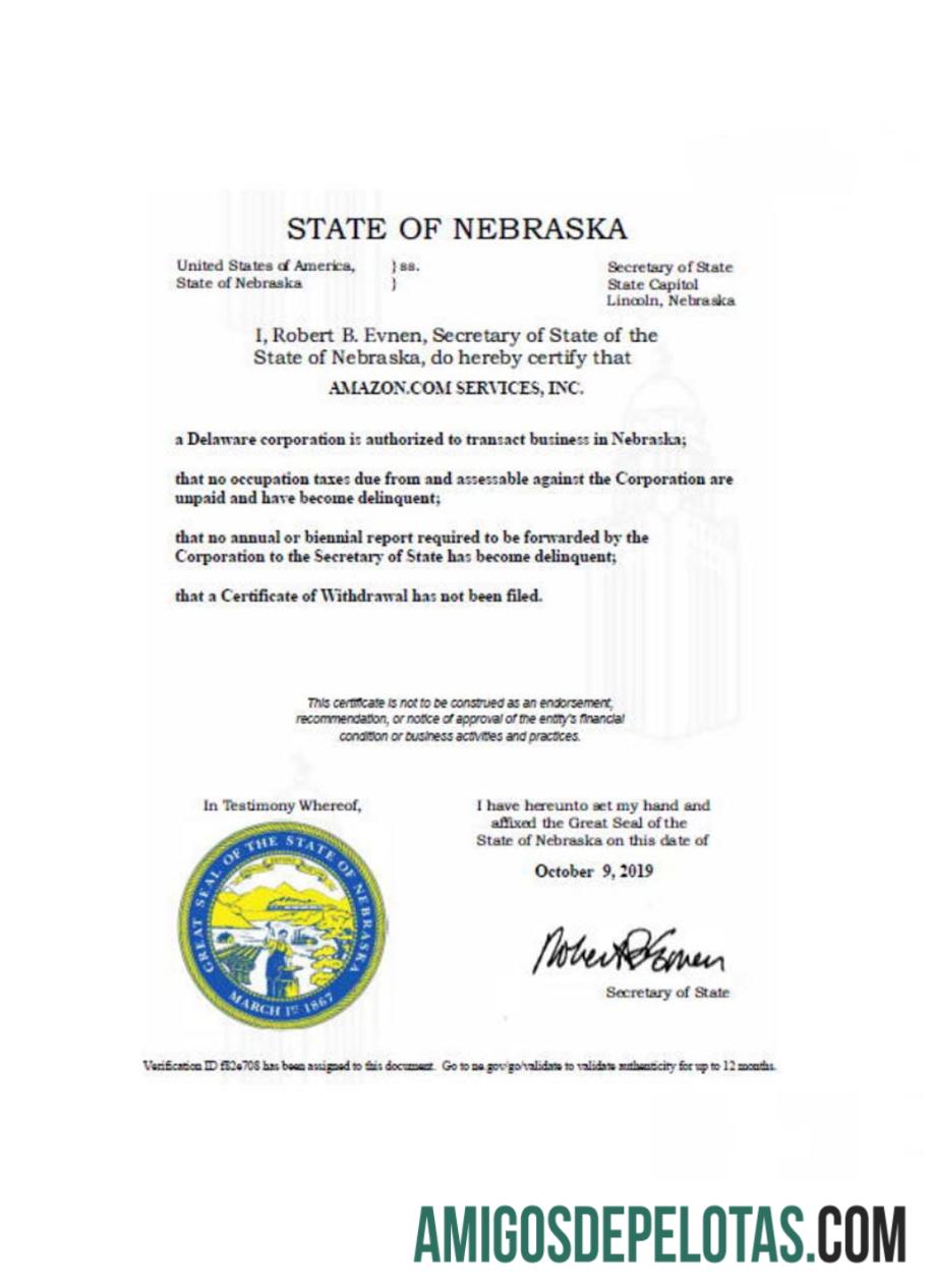 Exemplo de Certificado de Regularidade dos EUA Nebraska