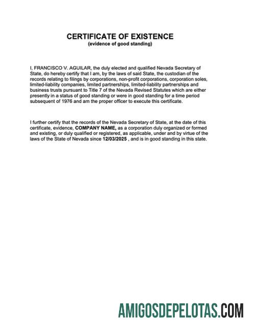 Modelo realista de certificado de existência dos EUA Nevada e Word e PDF