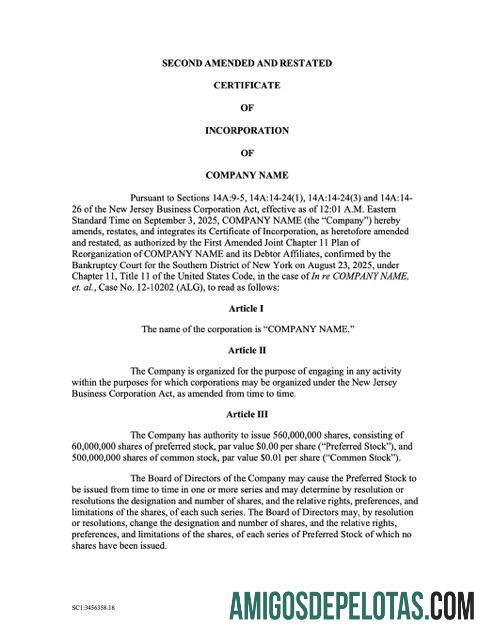 Certificado de Incorporação em branco dos EUA, Nova Jersey, modelo Word e PDF