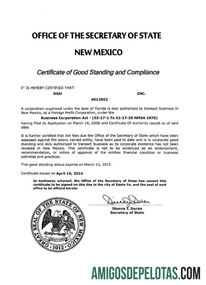 Exemplo de Certificado de Regularidade dos EUA Novo México
