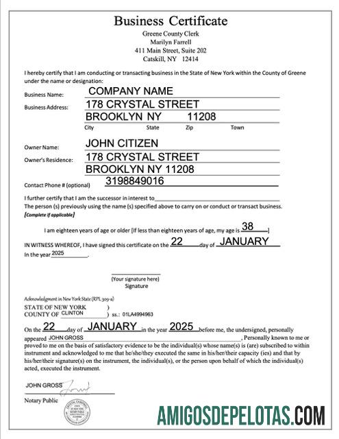 Modelo realista de certificado comercial dos EUA em Nova York, Word e PDF