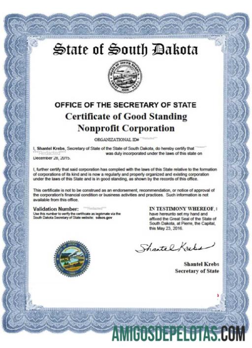 Modelo de Certificado de Boa Situação da Dakota do Sul dos EUA