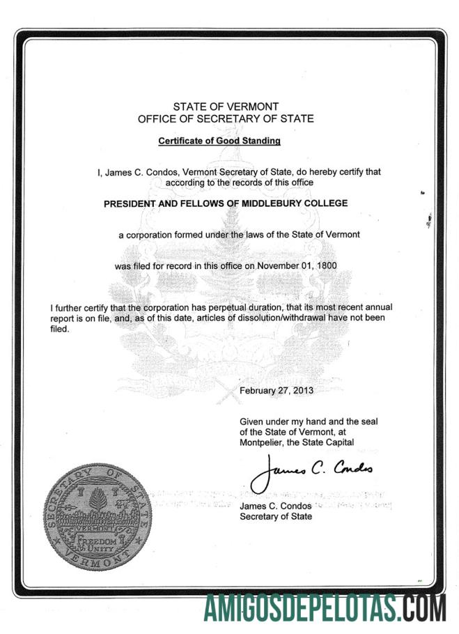 Modelo de Certificado de Boa Situação dos EUA Vermont