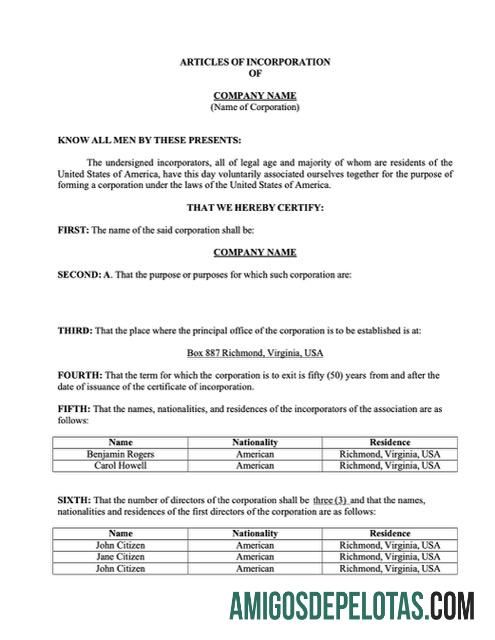 Artigos de incorporação realistas dos EUA, Virgínia, modelo Word e PDF