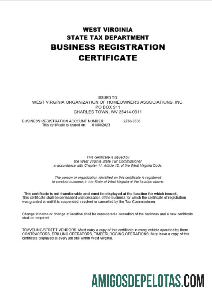 Certificado de registro de empresa em branco nos EUA, Virgínia Ocidental, modelo Word e PDF