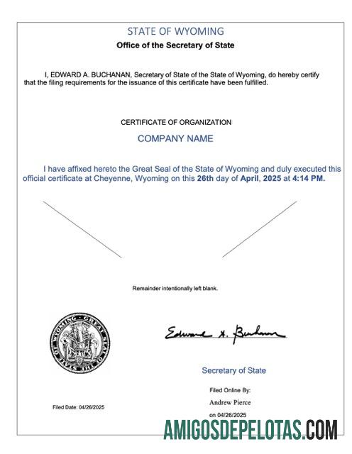 Certificado de organização realista dos EUA Wyoming Word e modelo PDF
