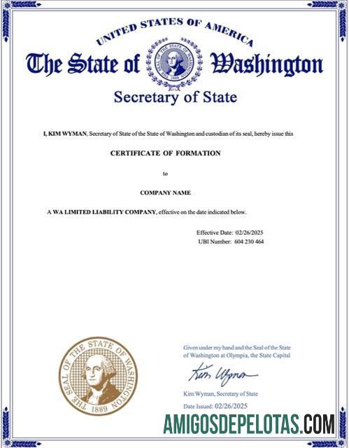 Certificado de formação em branco dos EUA modelo Word e PDF