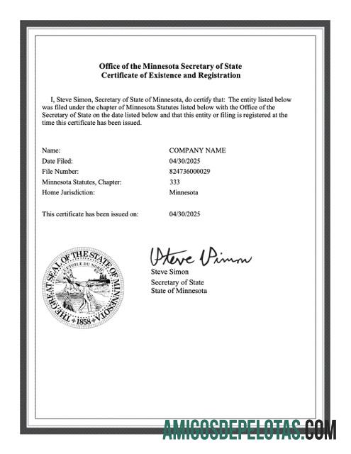 Certificado de existência e registro dos EUA Minnesota para download, modelo Word e PDF