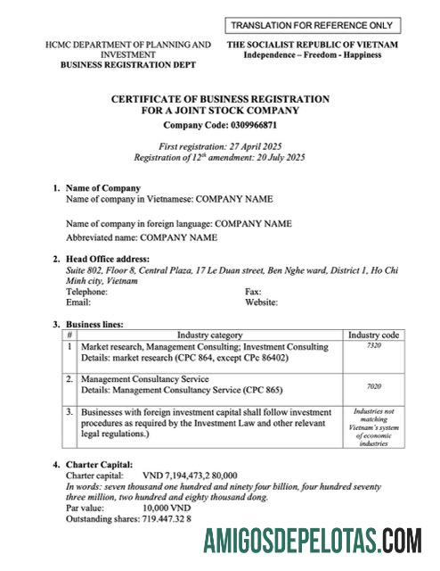 Certificado realista de registro comercial do Vietnã modelo Word e PDF