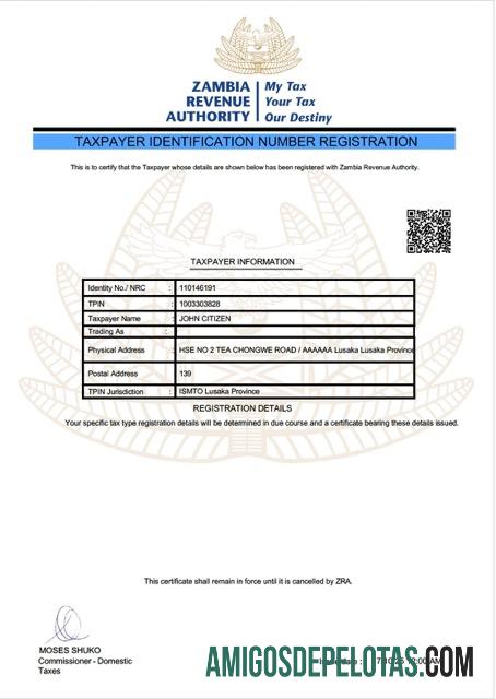 Palavra de registro do número de identificação do contribuinte da Zâmbia para impressão e modelo PDF