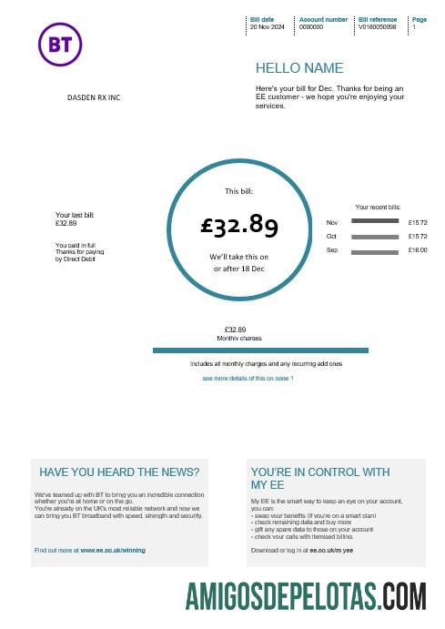 realista Modelo de conta de serviços públicos de telecomunicações da BT do Reino Unido