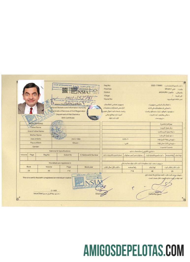 Certidão de Nascimento do Afeganistão amostra