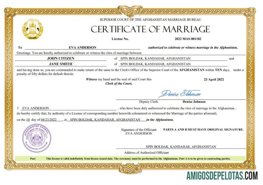 Certidão de casamento no Afeganistão, palavra e PDF modelo