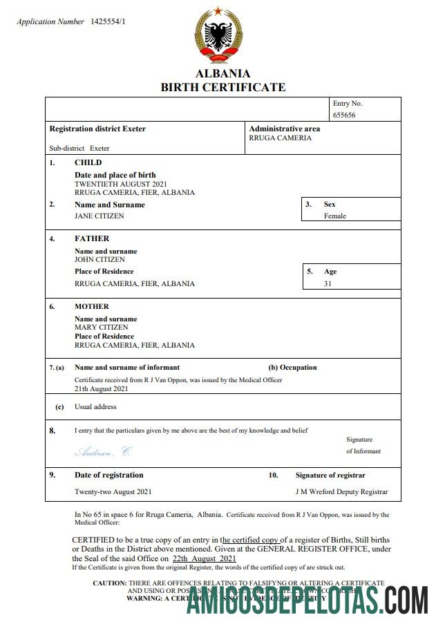 Palavra e PDF da certidão de nascimento da Albânia exemplo real
