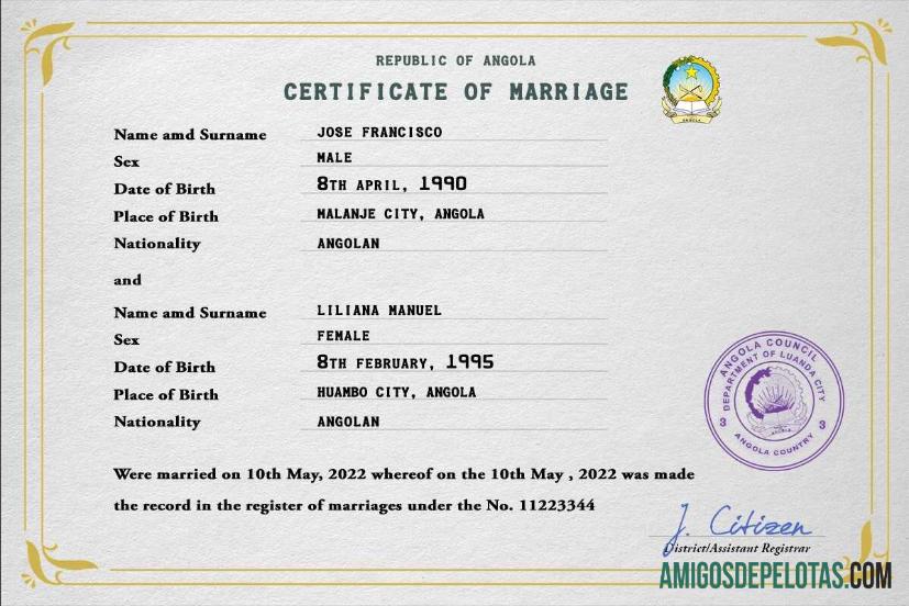 para download Modelo PSD de certidão de casamento de Angola