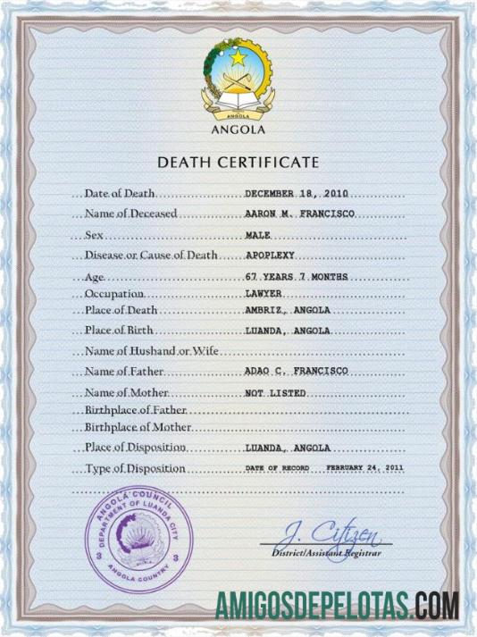 Em branco modelo PSD de certidão de óbito de registro vital de Angola