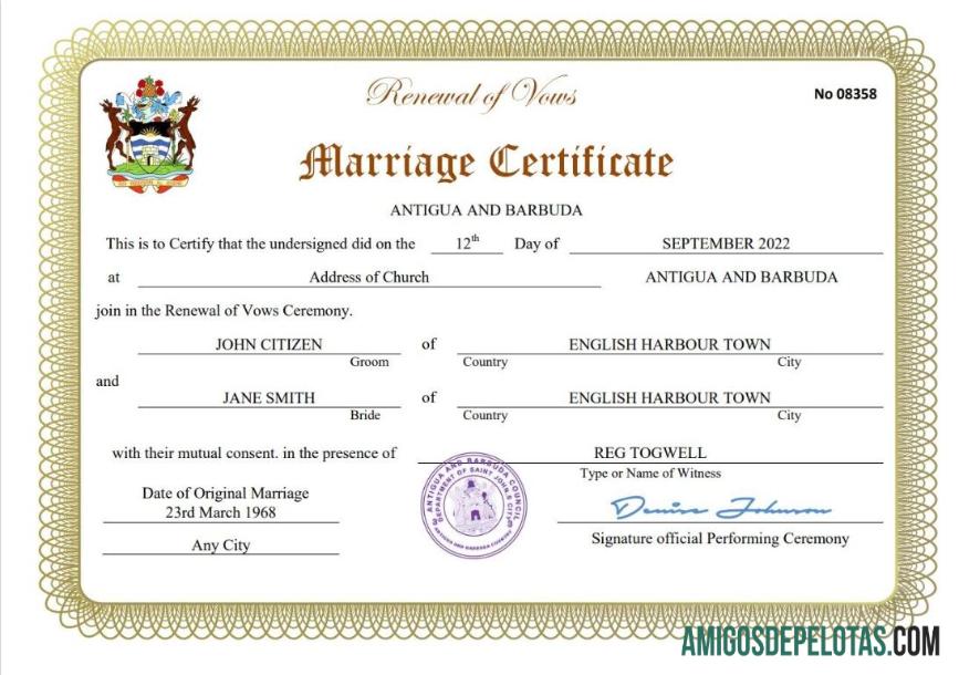 Em branco modelo Word e PDF de certidão de casamento de Antígua e Barbuda