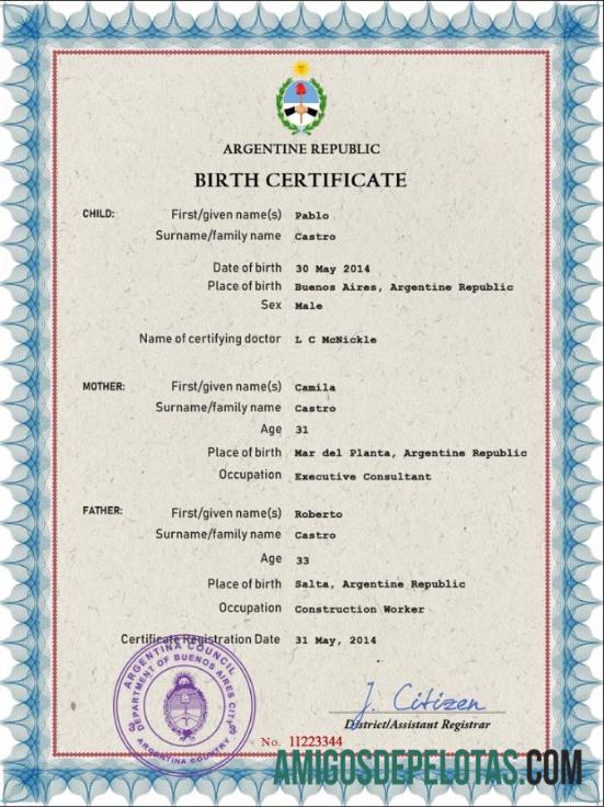 para download Modelo PSD de certidão de nascimento de registro vital da Argentina