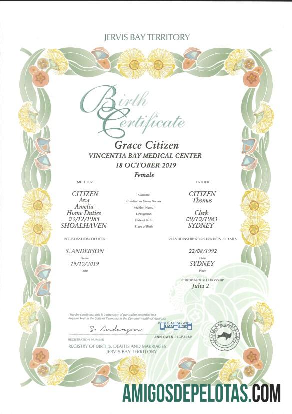 Em branco modelo de certidão de nascimento decorativa do território de Austrália Jervis Bay em formato PSD