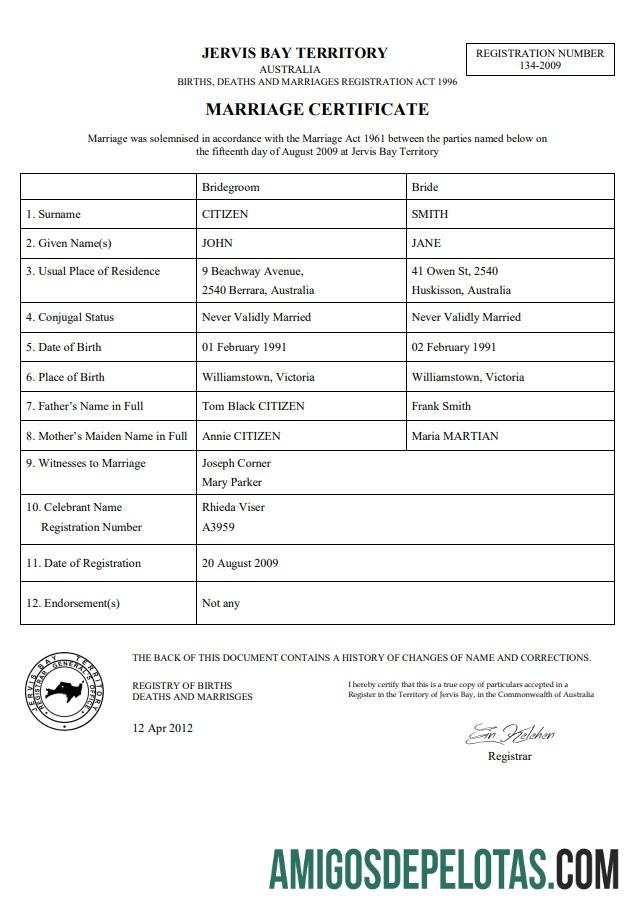para download Modelo de certidão de casamento do Território da Baía Jervis da Austrália no Word