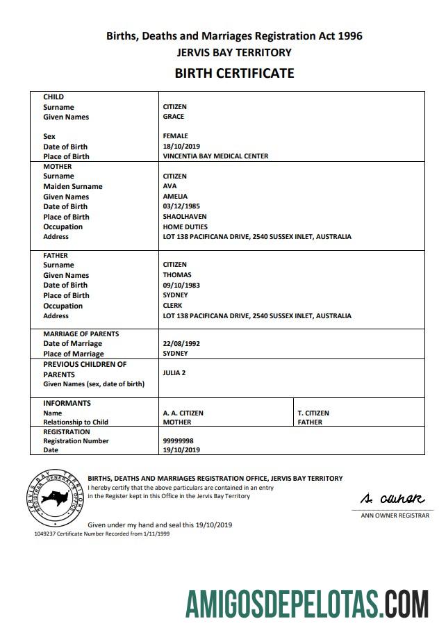 Imprimível modelo de certidão de nascimento do Território da Baía Jervis da Austrália em formato Word e PDF