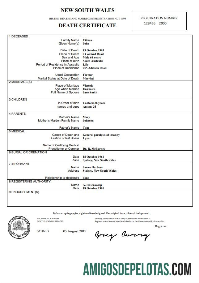 Em branco modelo de certidão de óbito da Austrália Nova Gales do Sul no Word