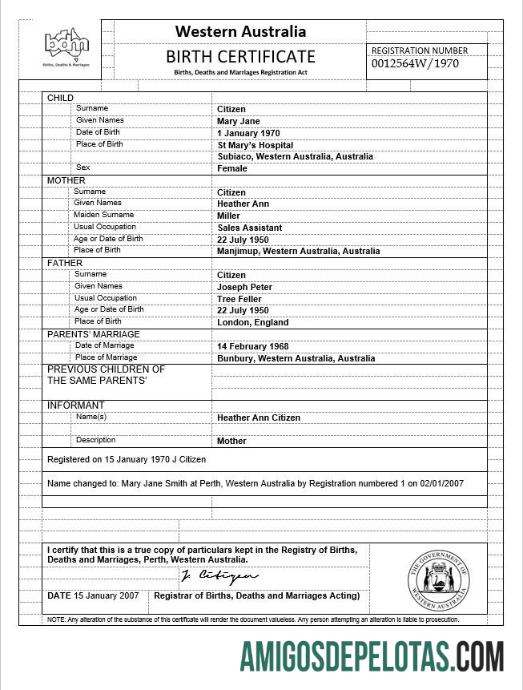 Em branco modelo de certidão de nascimento da Austrália Ocidental em formato Word, versão 3