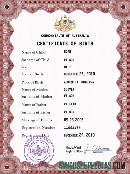 para download Modelo PSD de certidão de nascimento de registro vital da Austrália