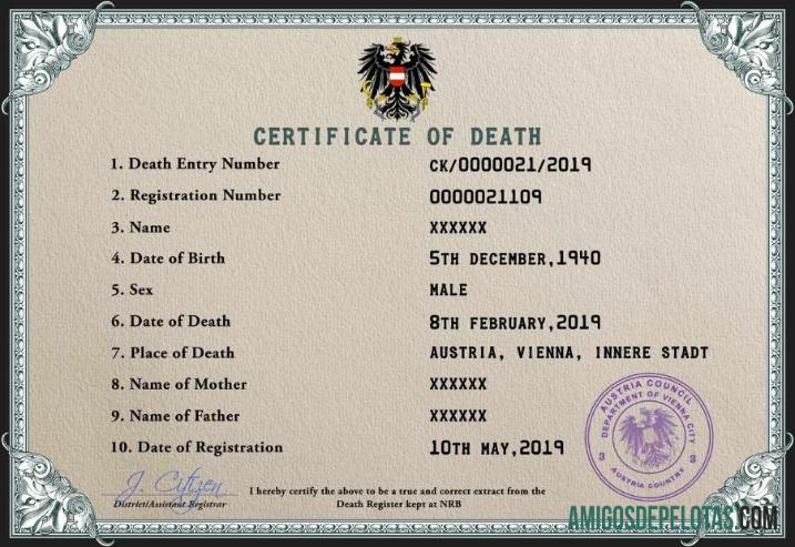 Imprimível modelo PSD de certidão de óbito da Áustria,