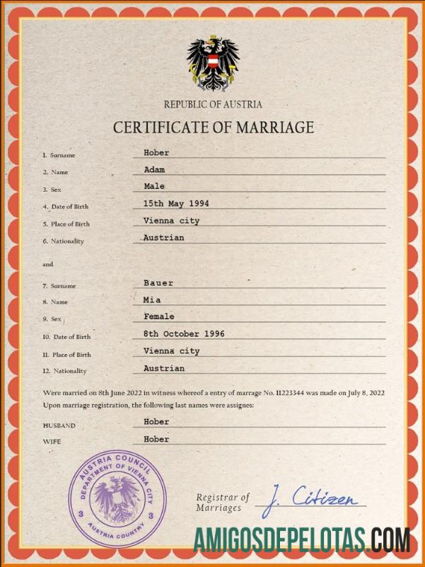 Em branco modelo PSD de certidão de casamento na Áustria,