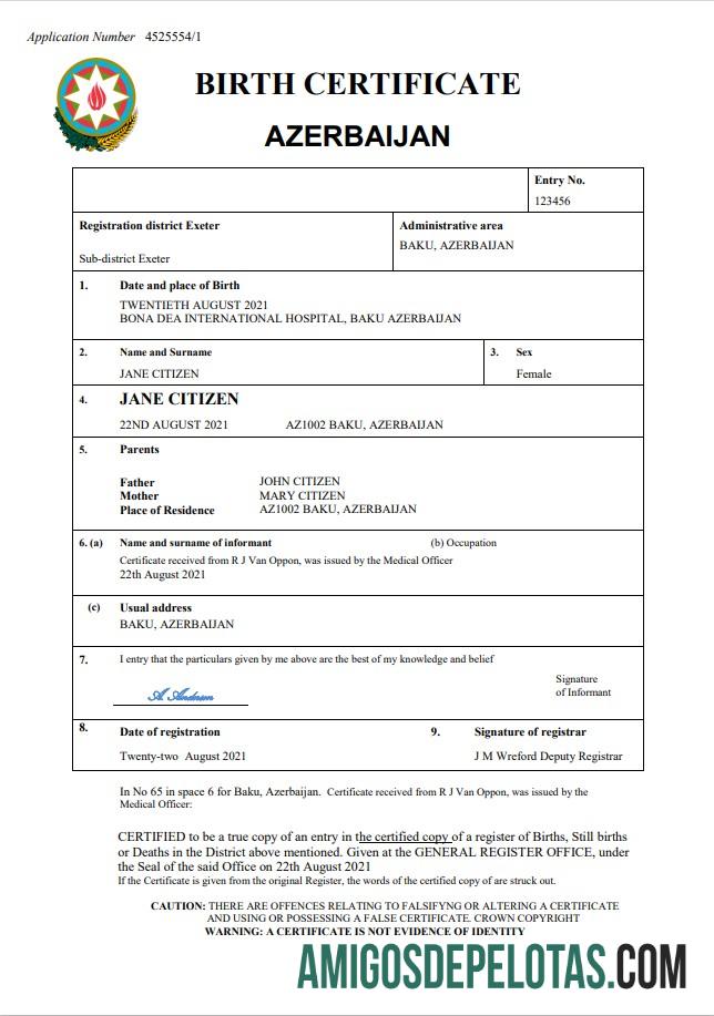 Imprimível modelo Word e PDF de certidão de nascimento de registro vital do Azerbaijão