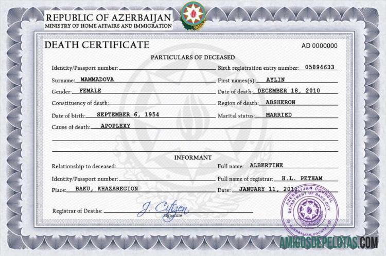 Imprimível modelo PSD de certidão de óbito de registro vital do Azerbaijão