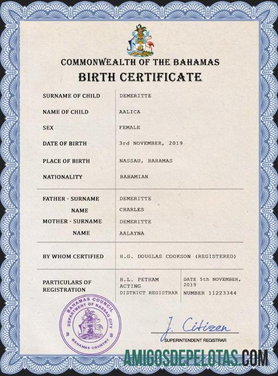 Em branco modelo PSD de certidão de nascimento de registro vital das Bahamas