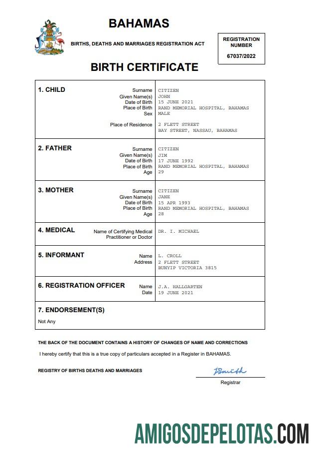 para download Modelo Word e PDF de certidão de nascimento de registro vital das Bahamas
