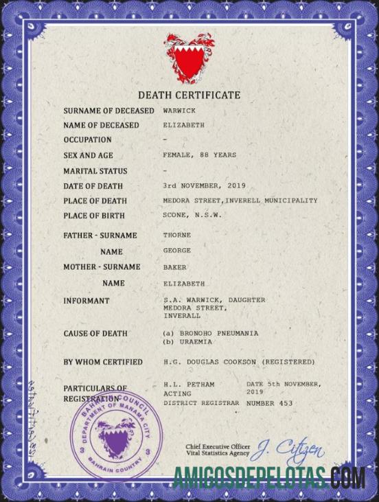 Imprimível modelo PSD de certidão de óbito do Bahrein