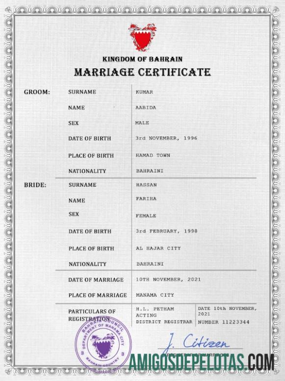 para download Modelo PSD de certidão de casamento do Bahrein,
