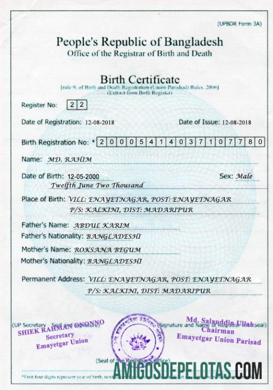 para download Modelo de certidão de nascimento de Bangladesh em formato PSD