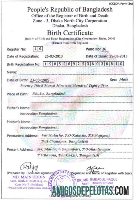 Escritório de registro de nascimentos e óbitos de Bangladesh, certidão de nascimento amostra