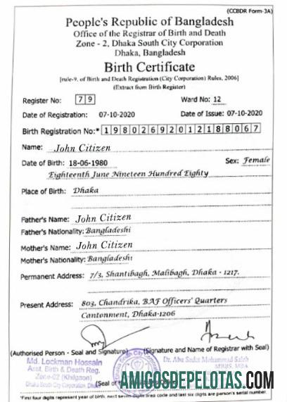 Escritório de registro de nascimento e óbito de Bangladesh, certidão de nascimento amostra